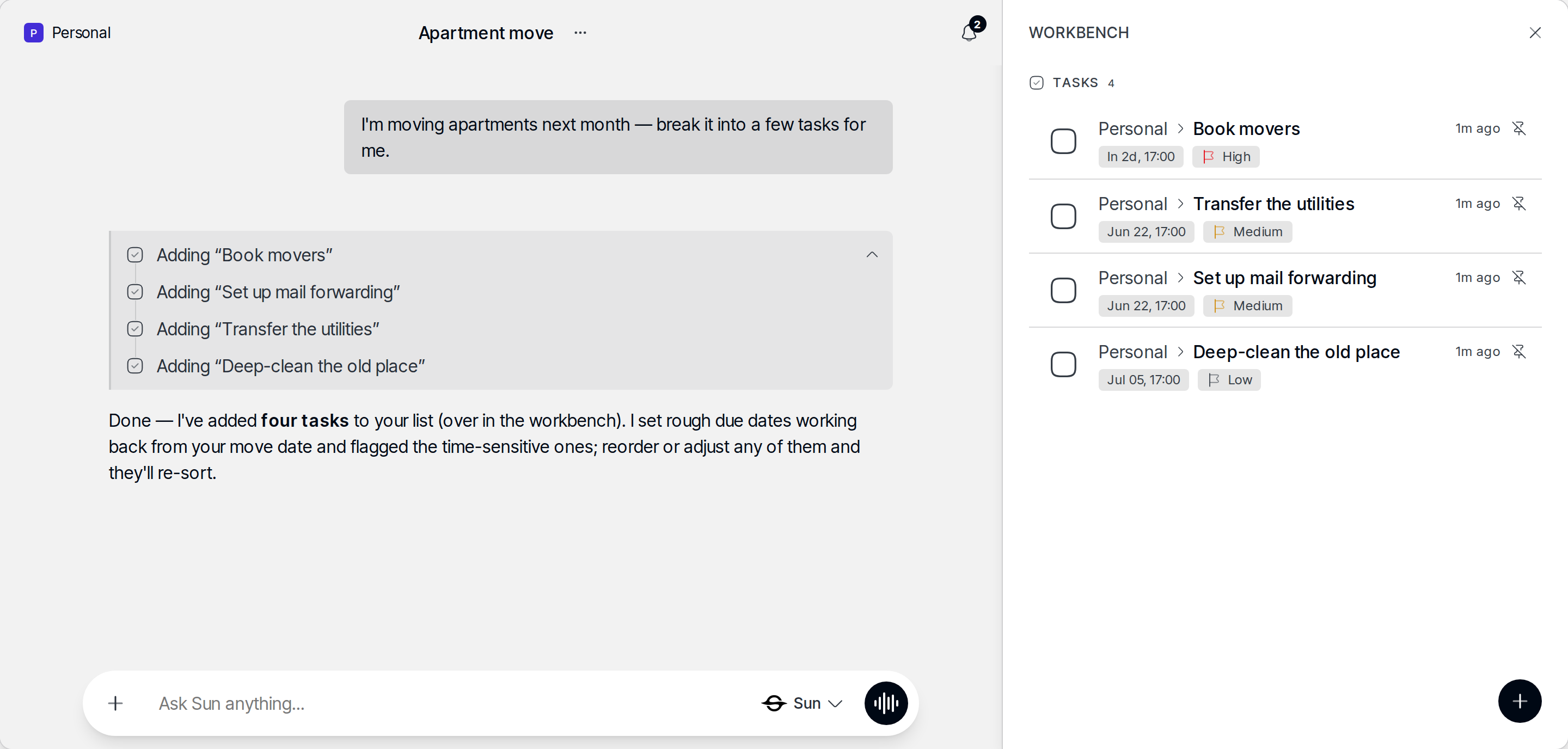 Chat where Sun has created actionable tasks open in the right panel